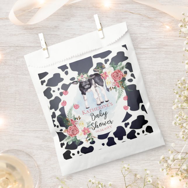 Cute Pink Floral Holy Cow Girl Baby Shower Favour Bags (Clipped)