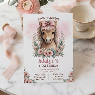 Cute Pink Floral Horse 1st Birthday  Invitation
