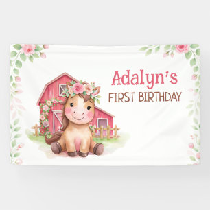 Cute Pink Floral Horse Birthday  Banner