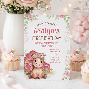 Cute Pink Floral Horse Birthday  Invitation