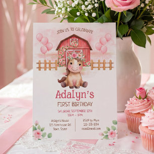 Cute Pink Floral Horse Birthday  Invitation