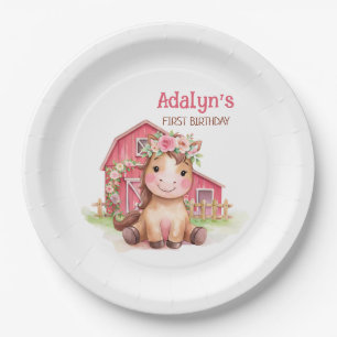 Cute Pink Floral Horse Birthday Paper Plate