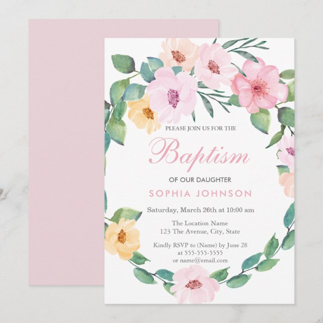 Cute Pink Floral Leaf Wreath Baptism Invite (Front/Back)