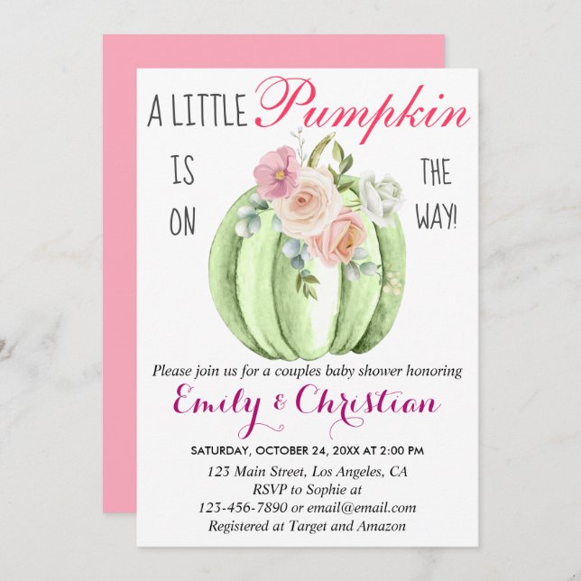 Cute Pink Floral Little Pumpkin Couple Baby Shower Invitation (Front/Back)