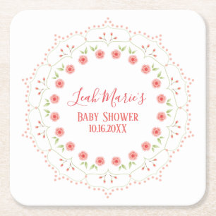 Cute Pink Floral Minimalist Calligraphy Wreath Square Paper Coaster