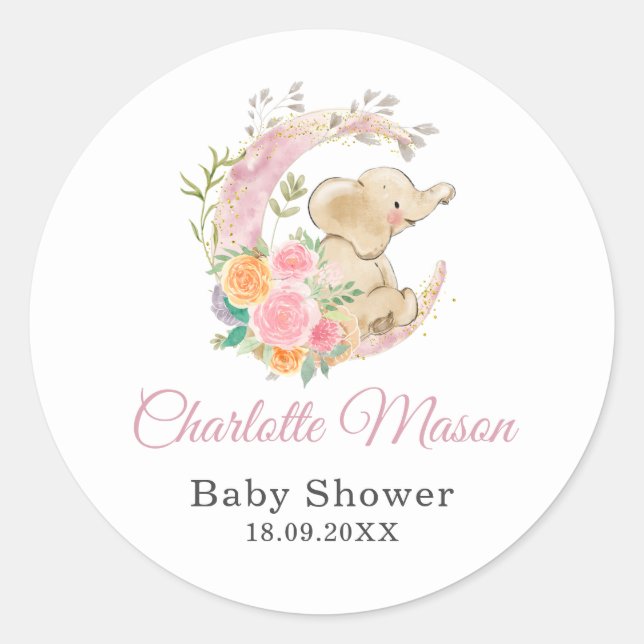 Cute Pink Floral Moon Girl Elephant Baby Shower Classic Round Sticker (Front)