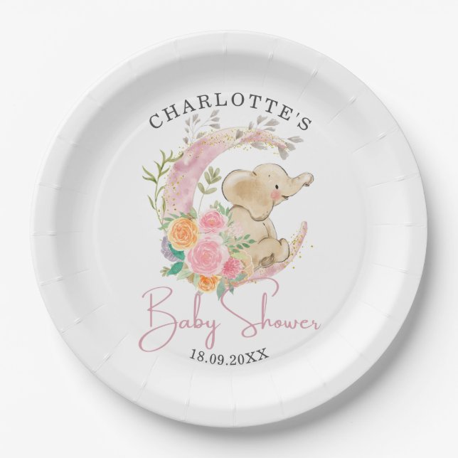 Cute Pink Floral Moon Girl Elephant Baby Shower Paper Plate (Front)