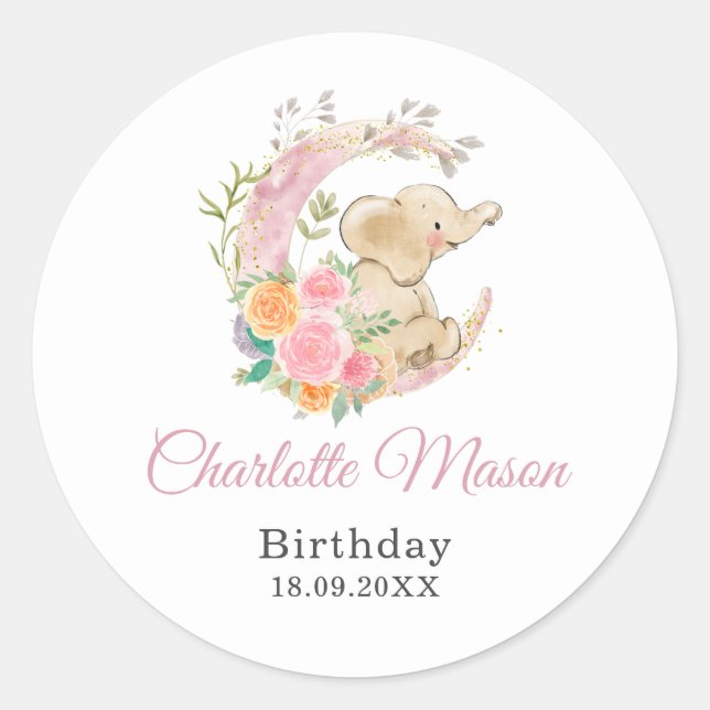 Cute Pink Floral Moon Girl Elephant Birthday Classic Round Sticker (Front)