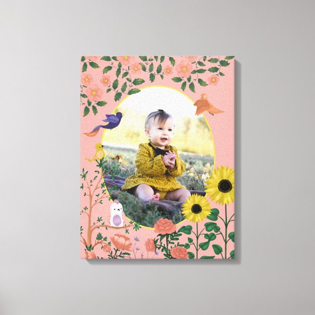 Cute Pink Floral New Baby Photo Nursery Art Canvas Print (Front)