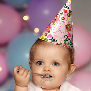 Cute Pink Floral One Year Girl Birthday Party Hat