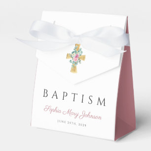 Cute Pink Floral Peonies Cross Baptism Favour Box