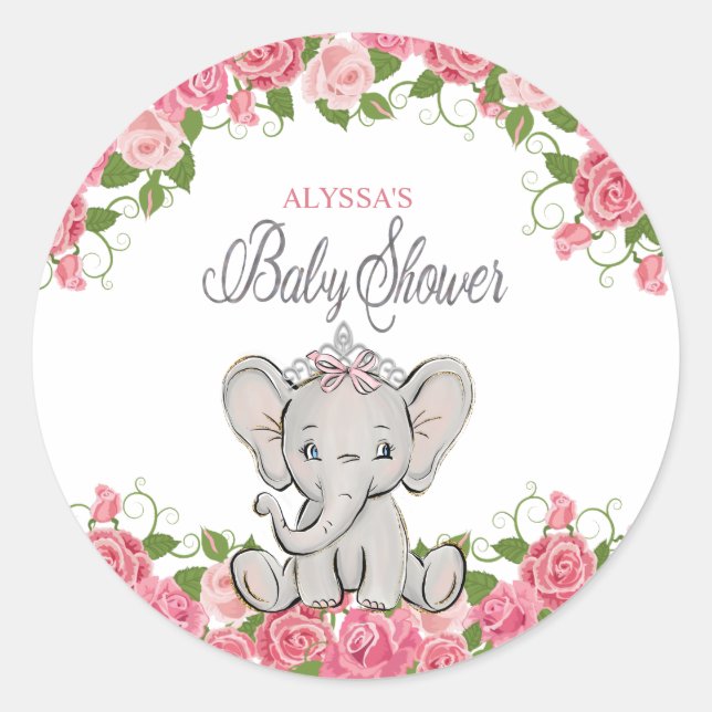 Cute Pink Floral Princess Elephant Baby Shower Classic Round Sticker (Front)