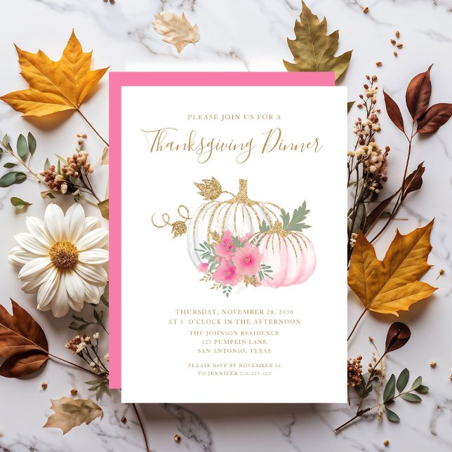 Cute Pink Floral Pumpkin Thanksgiving Dinner Invitation (Cute Pink Floral Pumpkin Thanksgiving Dinner Invitation)