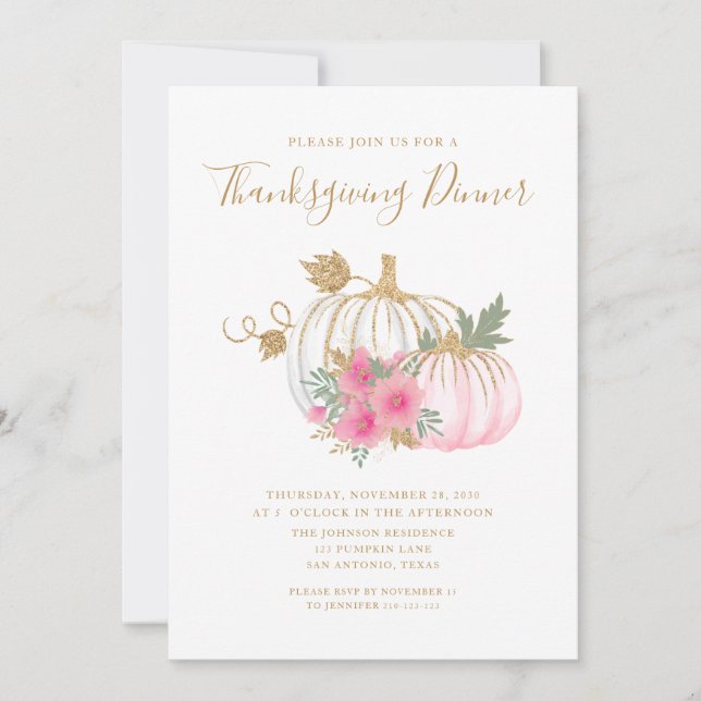 Cute Pink Floral Pumpkin Thanksgiving Dinner Invitation (Front)