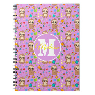 Cute Pink Floral Sloth Pattern Personalised Notebook