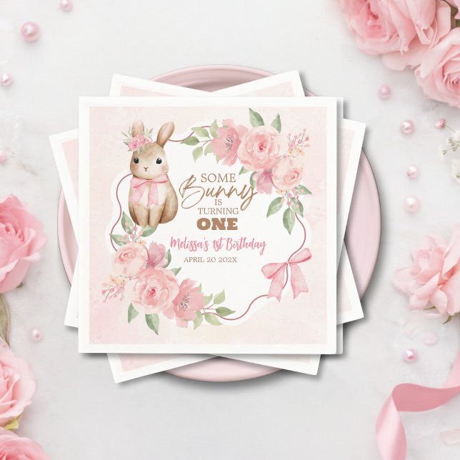 Cute Pink Floral Some Bunny Turning One Birthday  Napkin (Creator Uploaded)