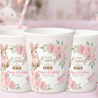 Cute Pink Floral Some Bunny Turning One Birthday  Paper Cups