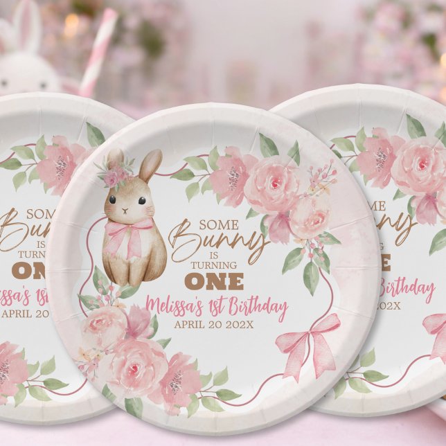 Cute Pink Floral Some Bunny Turning One Birthday  Paper Plate (Creator Uploaded)