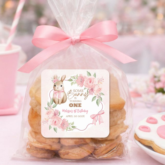 Cute Pink Floral Some Bunny Turning One Birthday Square Sticker (Creator Uploaded)
