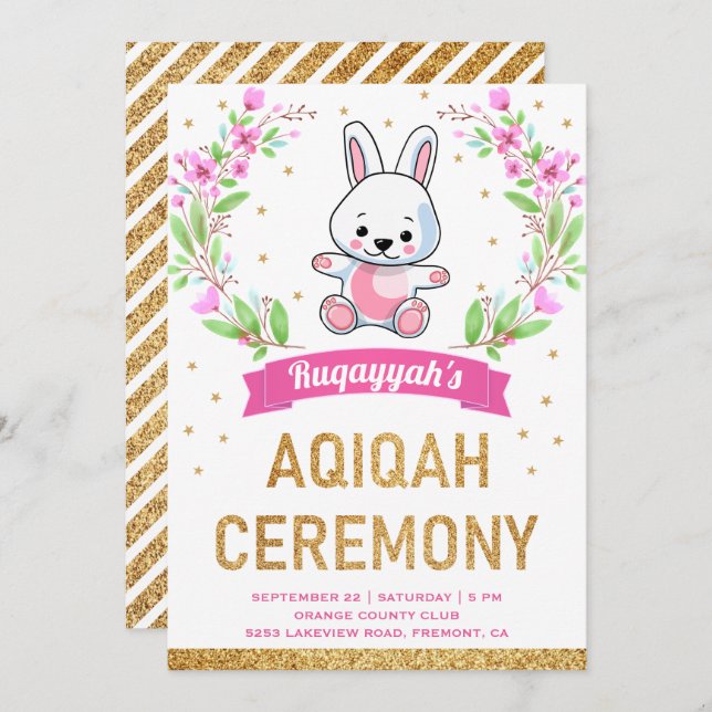 Cute Pink Floral Sweet Bunny Rabbit Aqiqah Invitation (Front/Back)