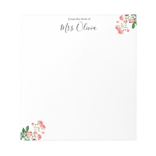 Cute Pink Floral Teacher Notepad (Front)