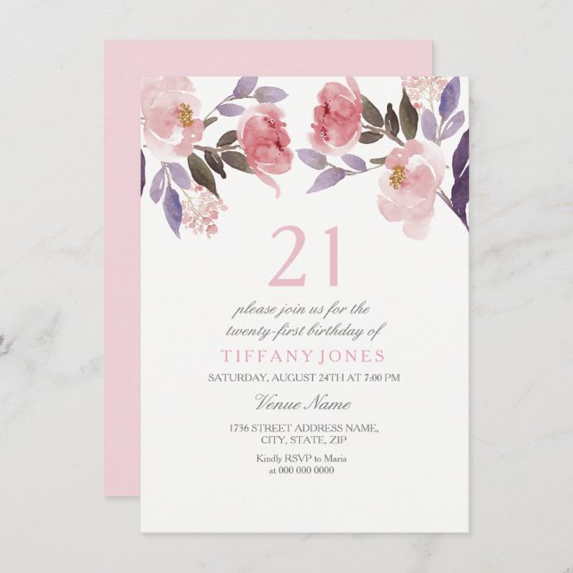 Cute Pink Floral Watercolor 21st Birthday Invite (Front/Back)