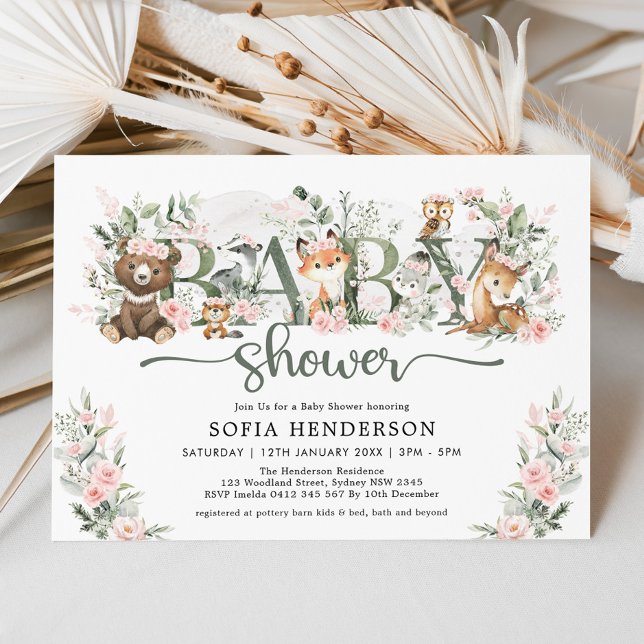 Cute Pink Floral Woodland Animals Girl Baby Shower Invitation (Creator Uploaded)