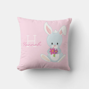Cute Pink Floral Woodland Bunny Rabbit Monogram Cushion
