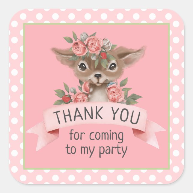 Cute Pink Floral Woodland Deer Thank You Favour Square Sticker (Front)
