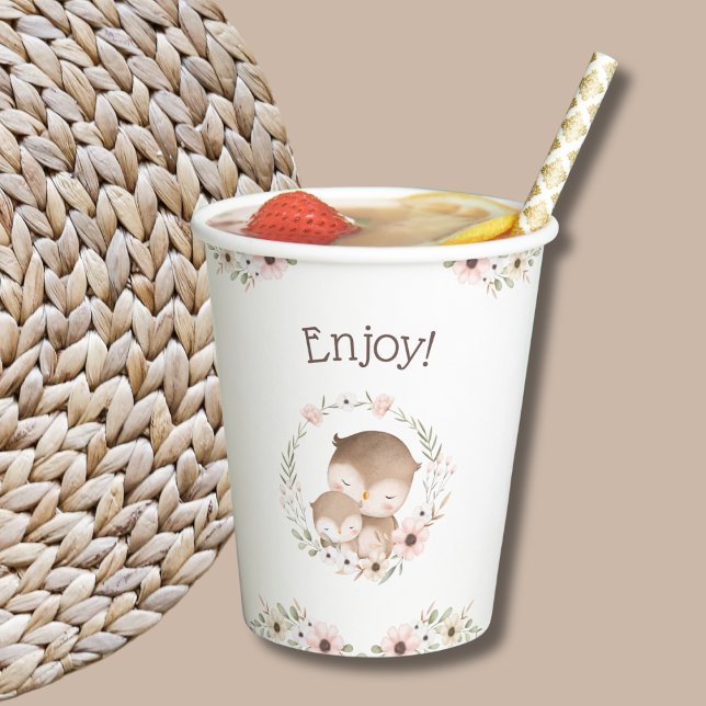 Cute Pink Floral Woodland Owl Baby Shower Paper Cups (Creator Uploaded)