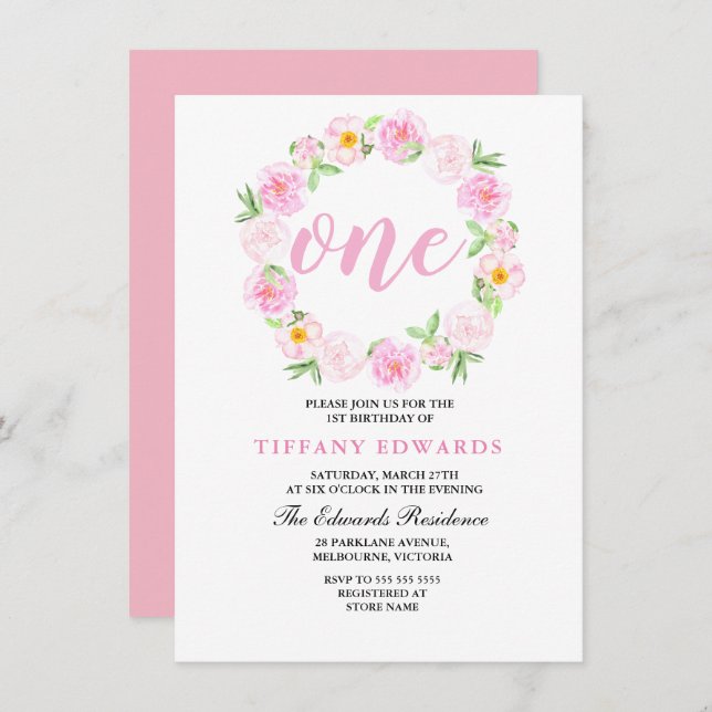 Cute Pink Floral Wreath 1st birthday Invitation (Front/Back)