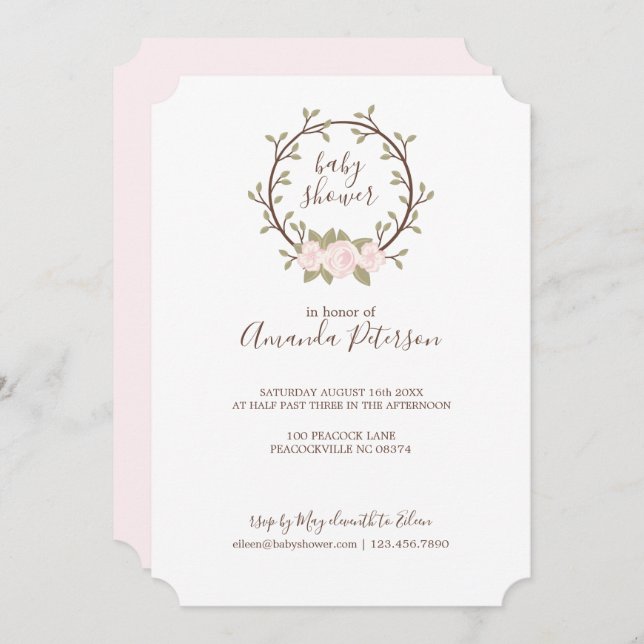 Cute Pink Floral Wreath Baby Shower Invitation (Front/Back)
