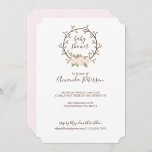 Cute Pink Floral Wreath Baby Shower Invitation