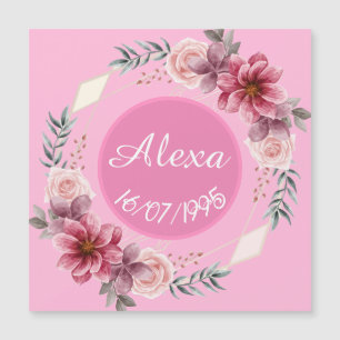 Cute Pink Floral Wreath Birthday Magnetic Card