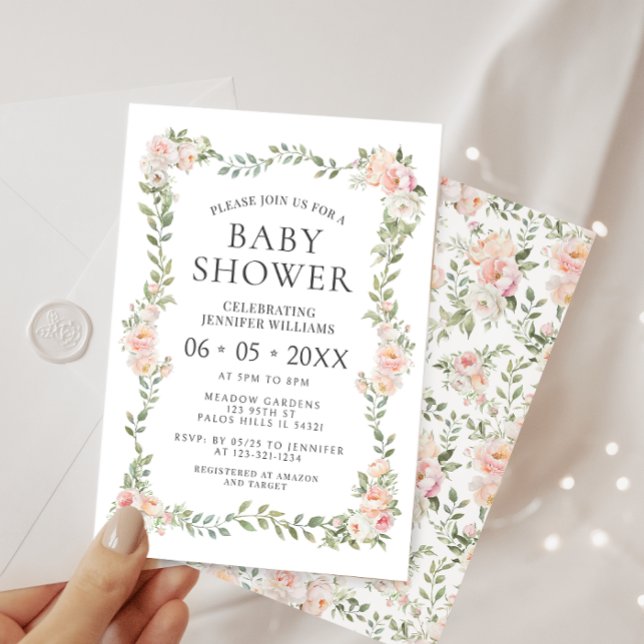 Cute pink floral wreath bohemian baby girl shower invitation (Creator Uploaded)