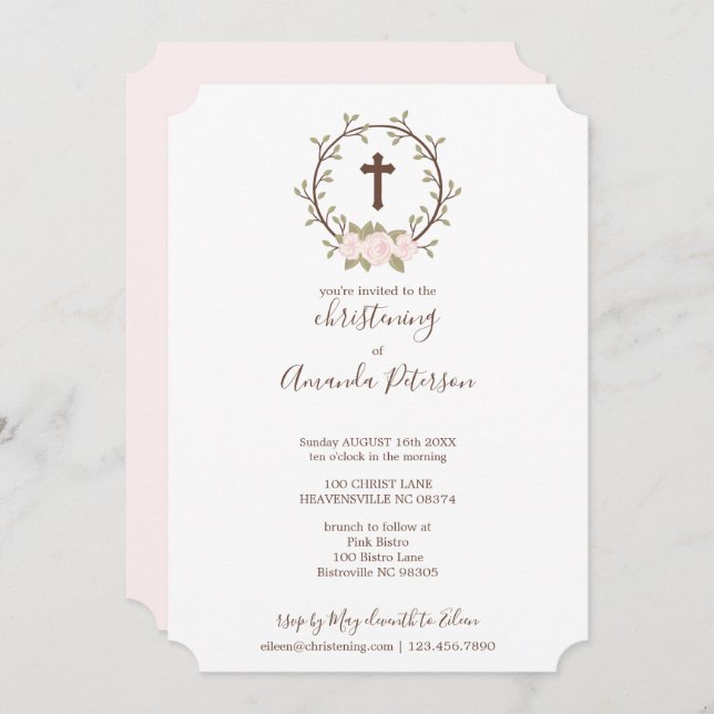 Cute Pink Floral Wreath Cross Baptism Christening Invitation (Front/Back)