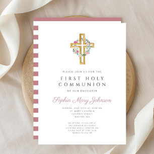 Cute Pink Floral Wreath Cross First Communion Invitation
