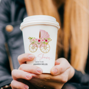 Cute pink flower-decorated baby stroller paper cups