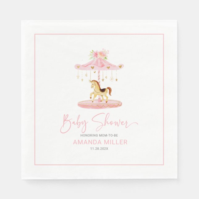 Cute pink flower-decorated pony carousel napkin (Front)