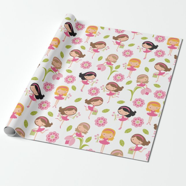 Cute Pink Flower Girls Wrapping Paper (Unrolled)