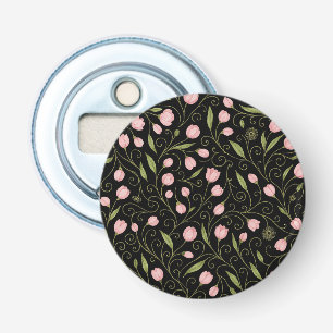 Cute, pink flower on black with repeating pattern bottle opener
