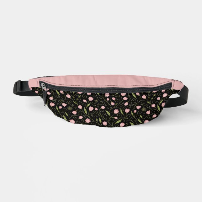 Cute, pink flower on black with repeating pattern  bum bags (Front)