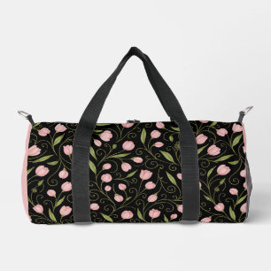 Cute, pink flower on black with repeating pattern duffle bag