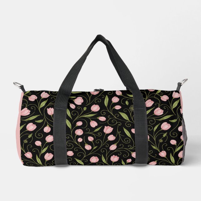 Cute, pink flower on black with repeating pattern  duffle bag (Front)