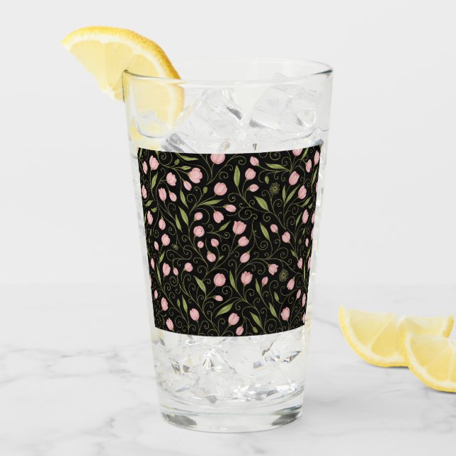 Cute, pink flower on black with repeating pattern  glass (Front Ice)