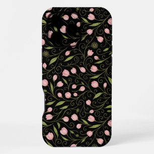 Cute, pink flower on black with repeating pattern  iPhone 16 pro max case