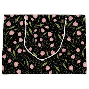 Cute, pink flower on black with repeating pattern large gift bag