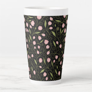 Cute, pink flower on black with repeating pattern  latte mug