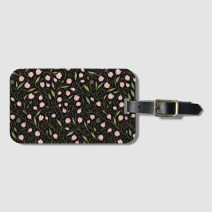 Cute, pink flower on black with repeating pattern  luggage tag