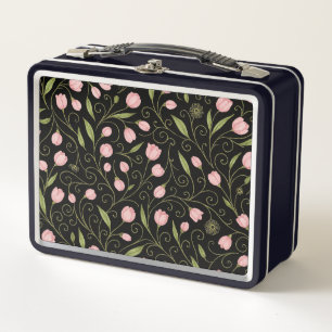 Cute, pink flower on black with repeating pattern  metal lunch box